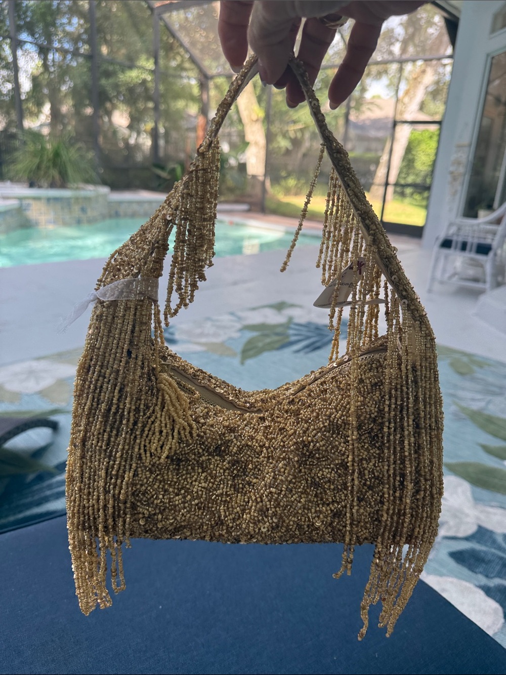 Gold Beaded Fringe Shoulder Bag by